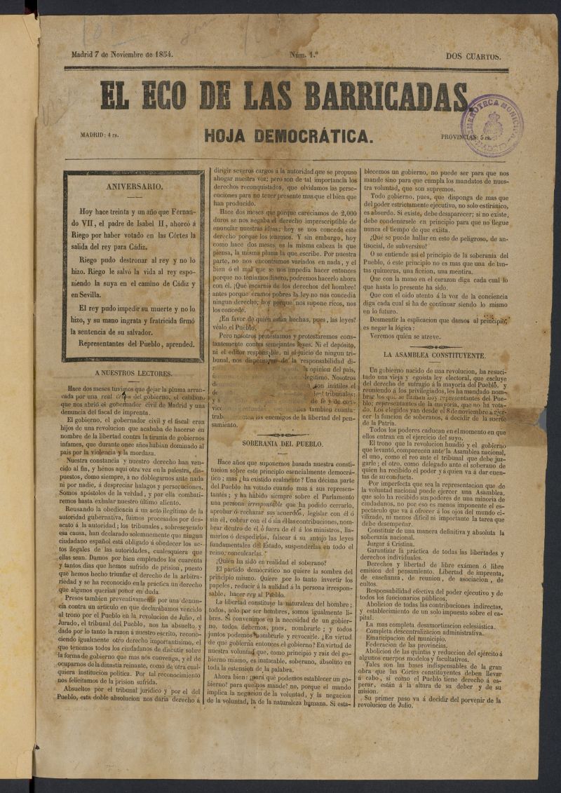 El Eco de las Barricadas: hoja democrtica del 7 de noviembre de 1854, n 1