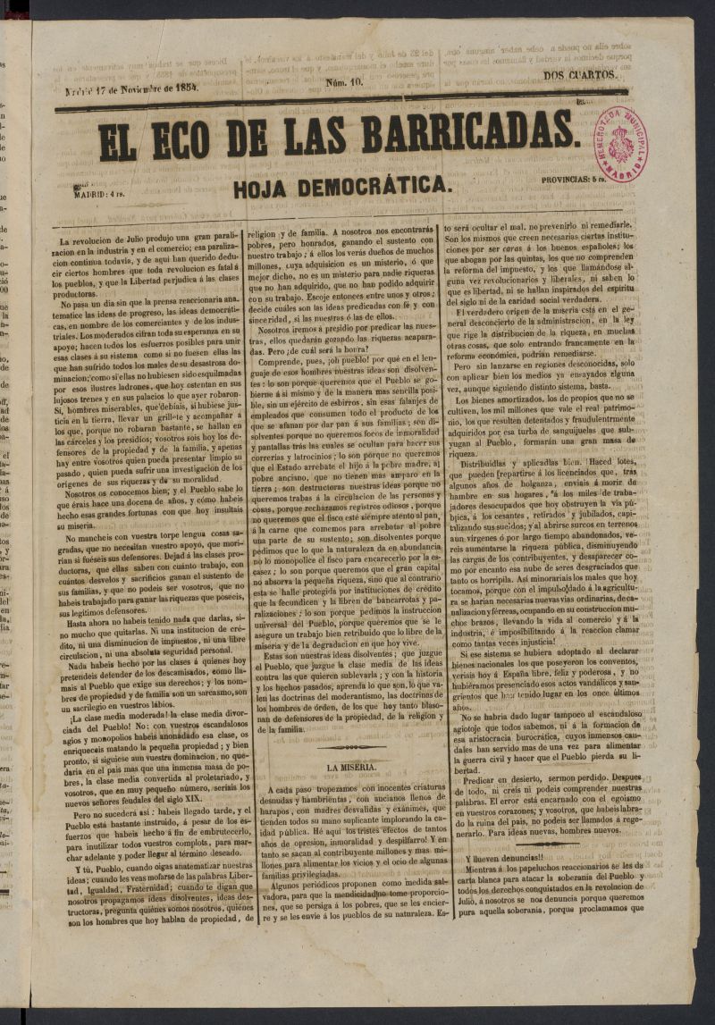 El Eco de las Barricadas: hoja democrtica del 17 de noviembre de 1854, n 10