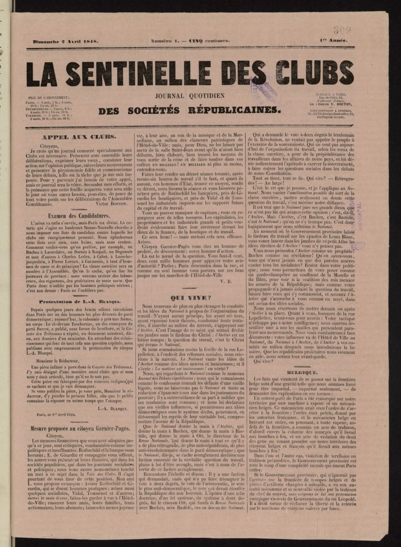 La Sentinelle des Clubs: journal quotidien des Socits Republicaines del 2 de abril de 1848, n 1