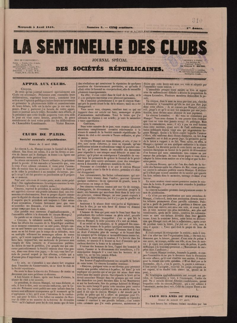 La Sentinelle des Clubs: journal quotidien des Socits Republicaines del 5 de abril de 1848, n 2