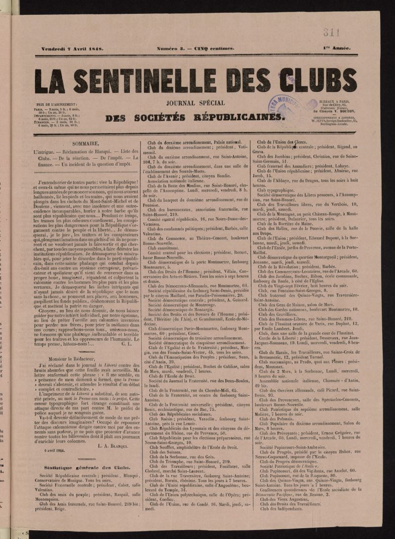 La Sentinelle des Clubs: journal quotidien des Socits Republicaines del 7 de abril de 1848, n 3