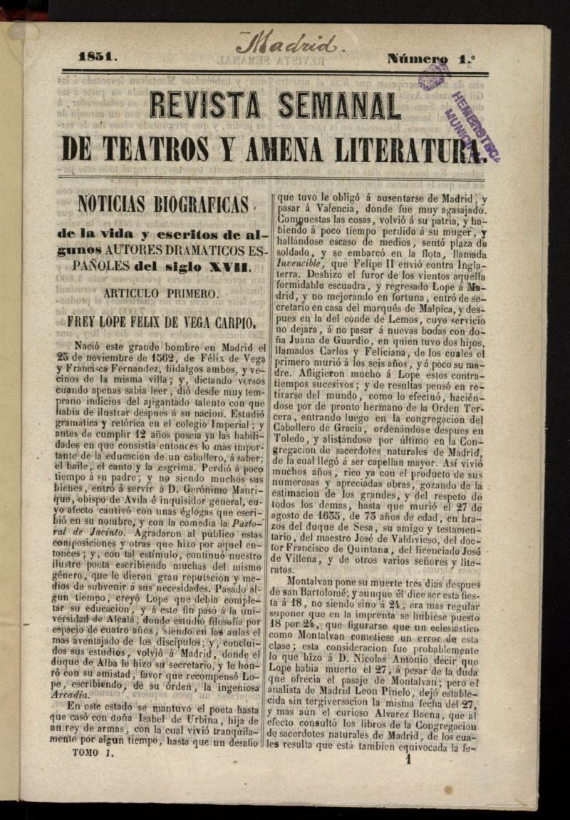 Revista Semanal de Teatros y Amena Literatura