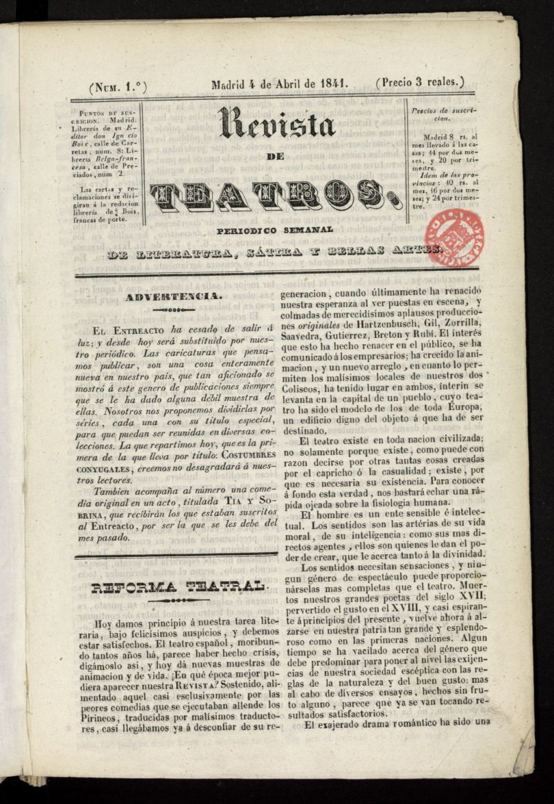 Revista de teatros: periodico semanal de literatura, stira y bellas artes