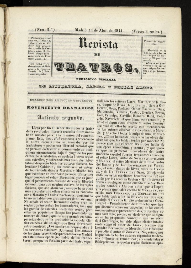 Revista de teatros: periodico semanal de literatura, stira y bellas artes del 11 de abril de 1841, n 2