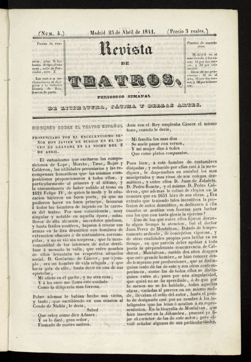 Revista de teatros: periodico semanal de literatura, stira y bellas artes del 25 de abril de 1841, n 4