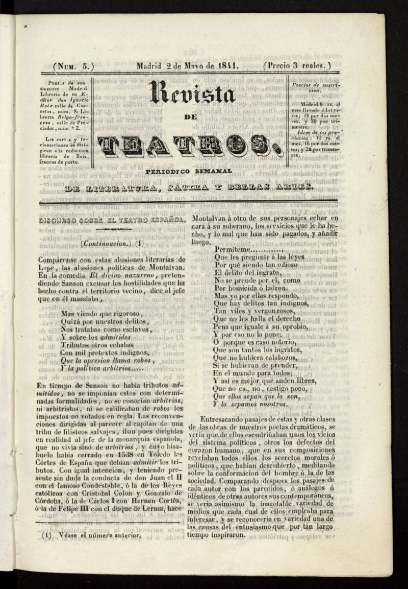 Revista de teatros: periodico semanal de literatura, stira y bellas artes del 2 de mayo de 1841, n 5