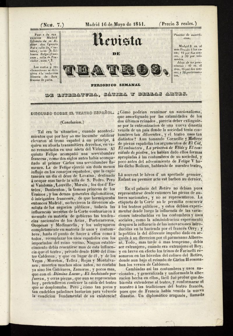 Revista de teatros: periodico semanal de literatura, stira y bellas artes del 16 de mayo de 1841, n 7