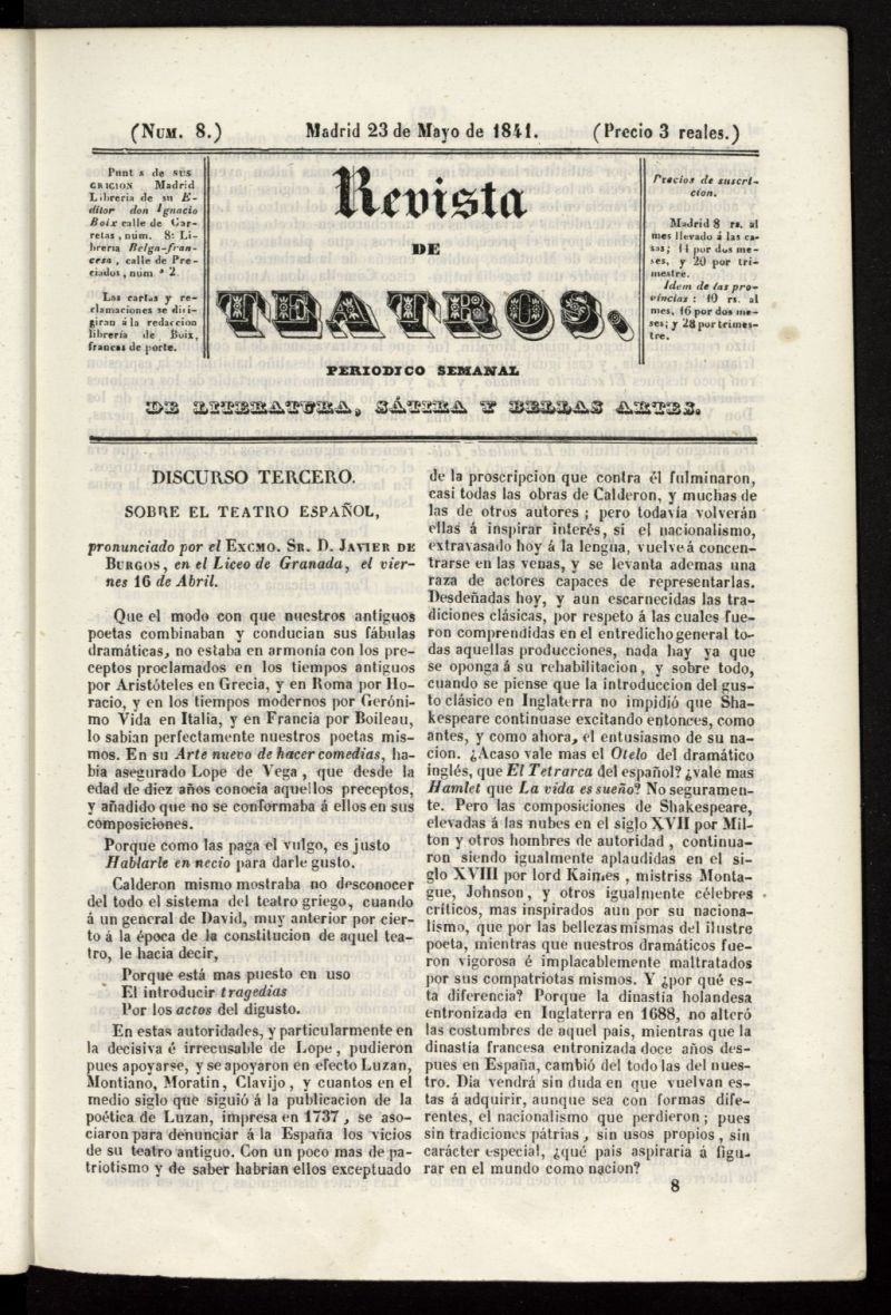 Revista de teatros: periodico semanal de literatura, stira y bellas artes del 23 de mayo de 1841, n 8