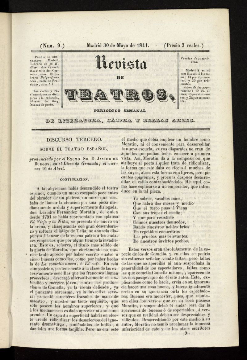 Revista de teatros: periodico semanal de literatura, stira y bellas artes del 30 de mayo de 1841, n 9