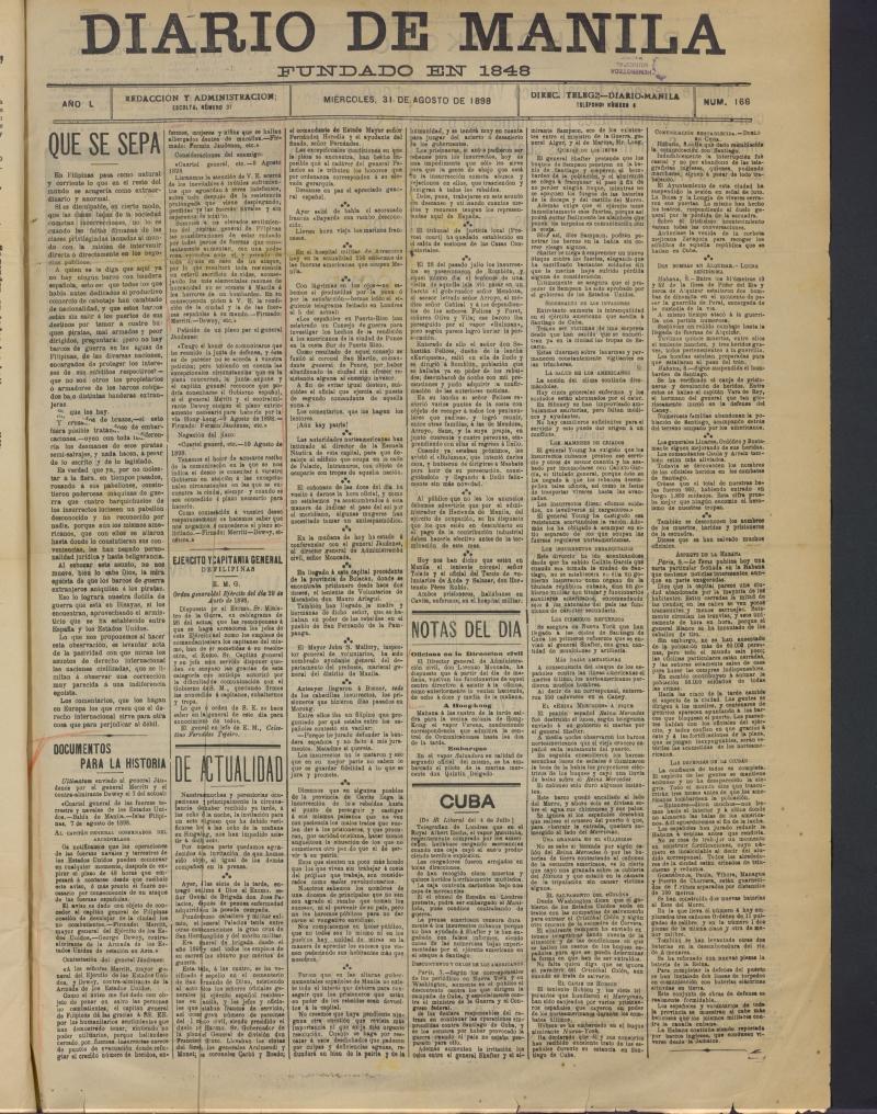 Diario de Manila del 31 de agosto de 1898, n 166