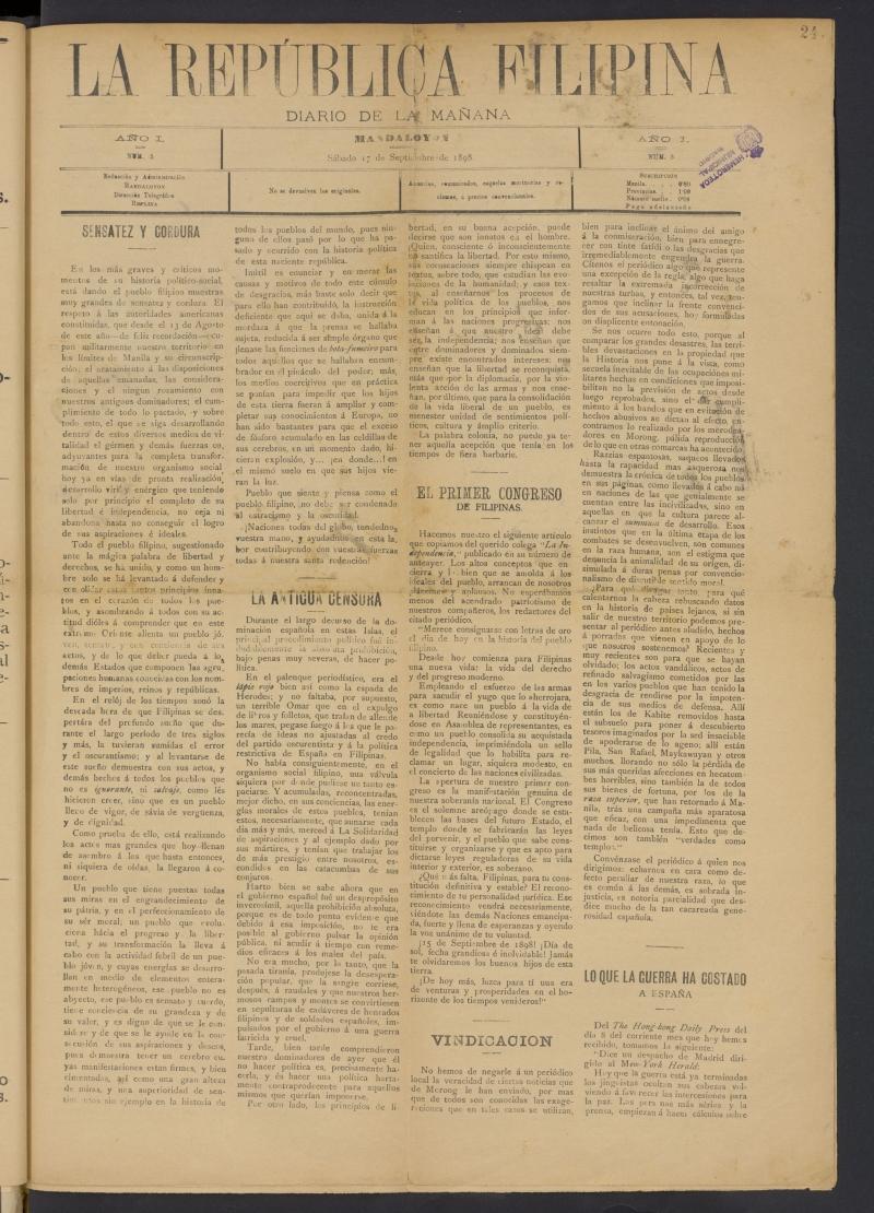 La Repblica Filipina: diario de la maana del 17 de septiembre de 1898, n 3