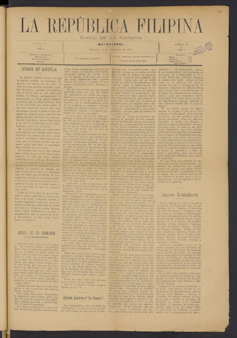 La Repblica Filipina: diario de la maana del 21 de septiembre de 1898, n 6