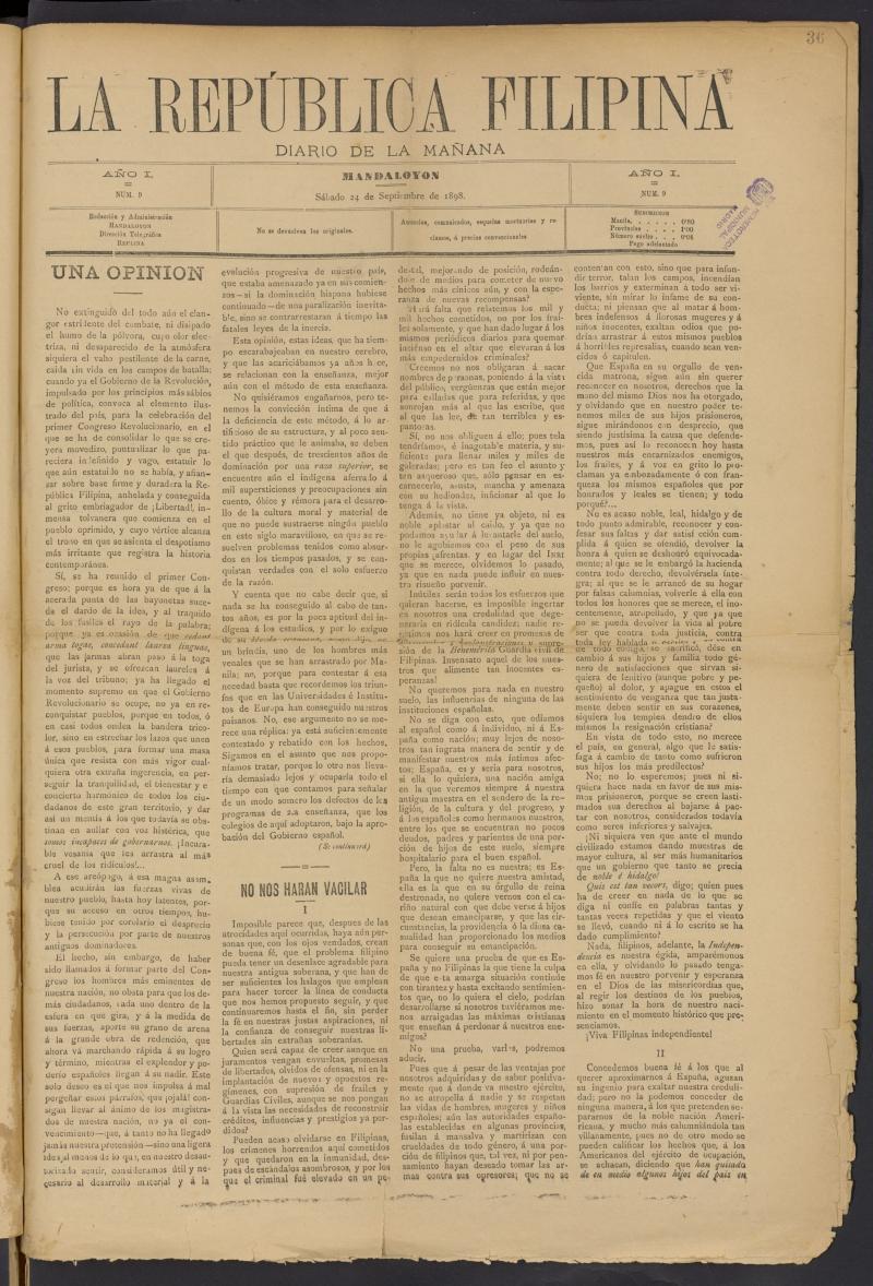 La Repblica Filipina: diario de la maana del 24 de septiembre de 1898, n 9