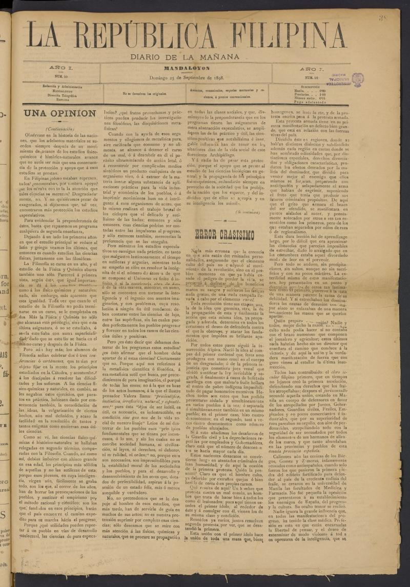 La Repblica Filipina: diario de la maana del 25 de septiembre de 1898, n 10