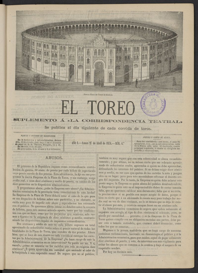 El Toreo: suplemento a "La Correspondencia Teatral" del 27 de abril de 1874, n 6