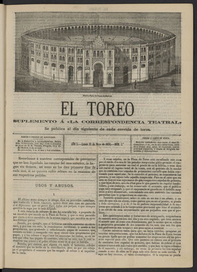 El Toreo: suplemento a "La Correspondencia Teatral" del 11 de mayo de 1874, n 7