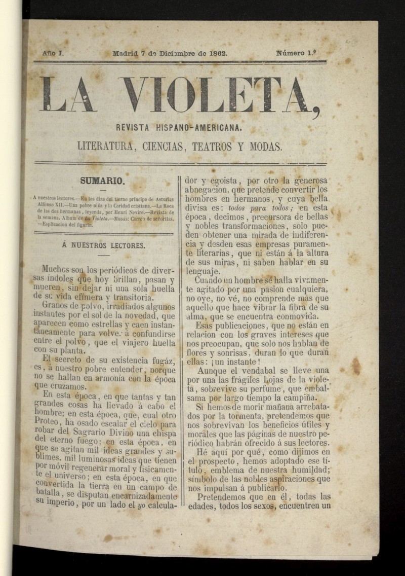 La Violeta: revista hispano-americana del 7 de diciembre de 1862, n 1
