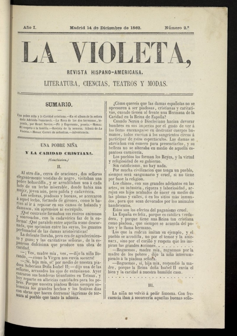 La Violeta: revista hispano-americana del 14 de diciembre de 1862, n 2
