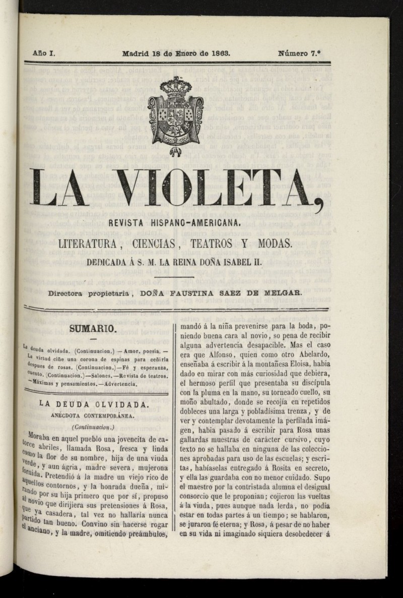 La Violeta: revista hispano-americana del 18 de enero de 1863, n 7