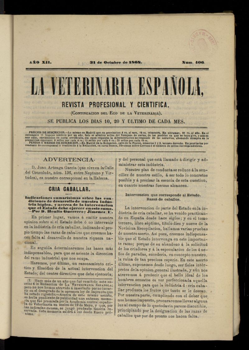 La Veterinaria revista profesional y cientfica del 31 de octubre de 1868, n 406