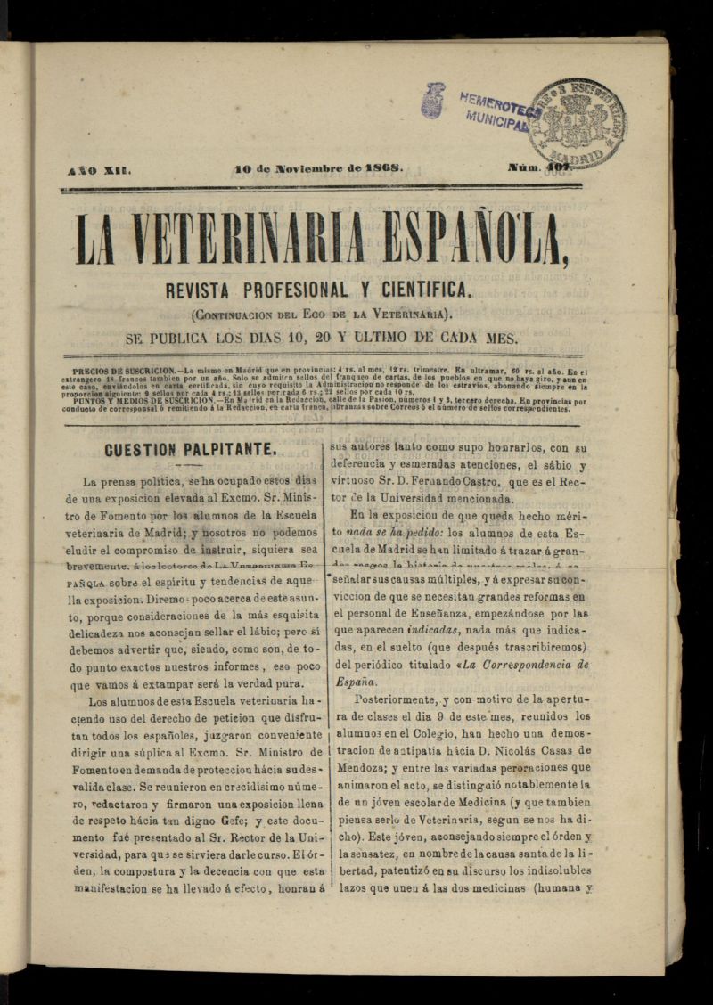 La Veterinaria revista profesional y cientfica del 10 de noviembre de 1868, n 407