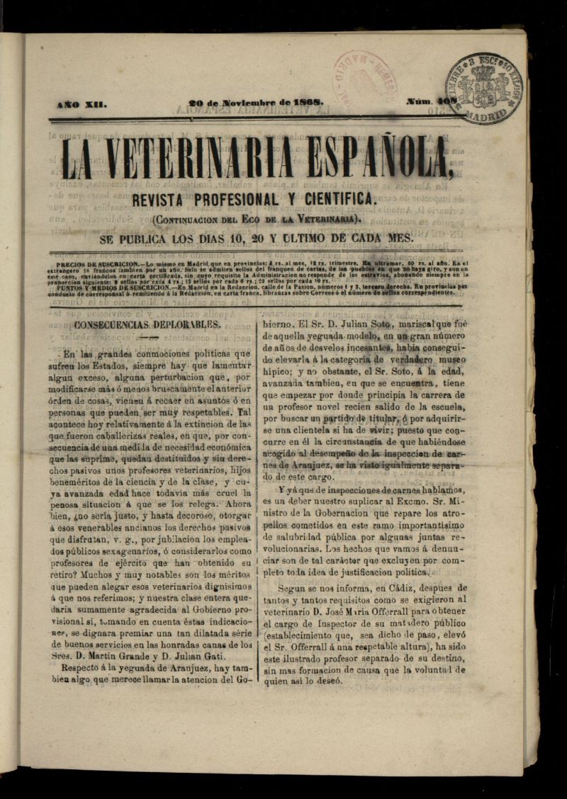La Veterinaria revista profesional y cientfica del 20 de noviembre de 1868, n 408