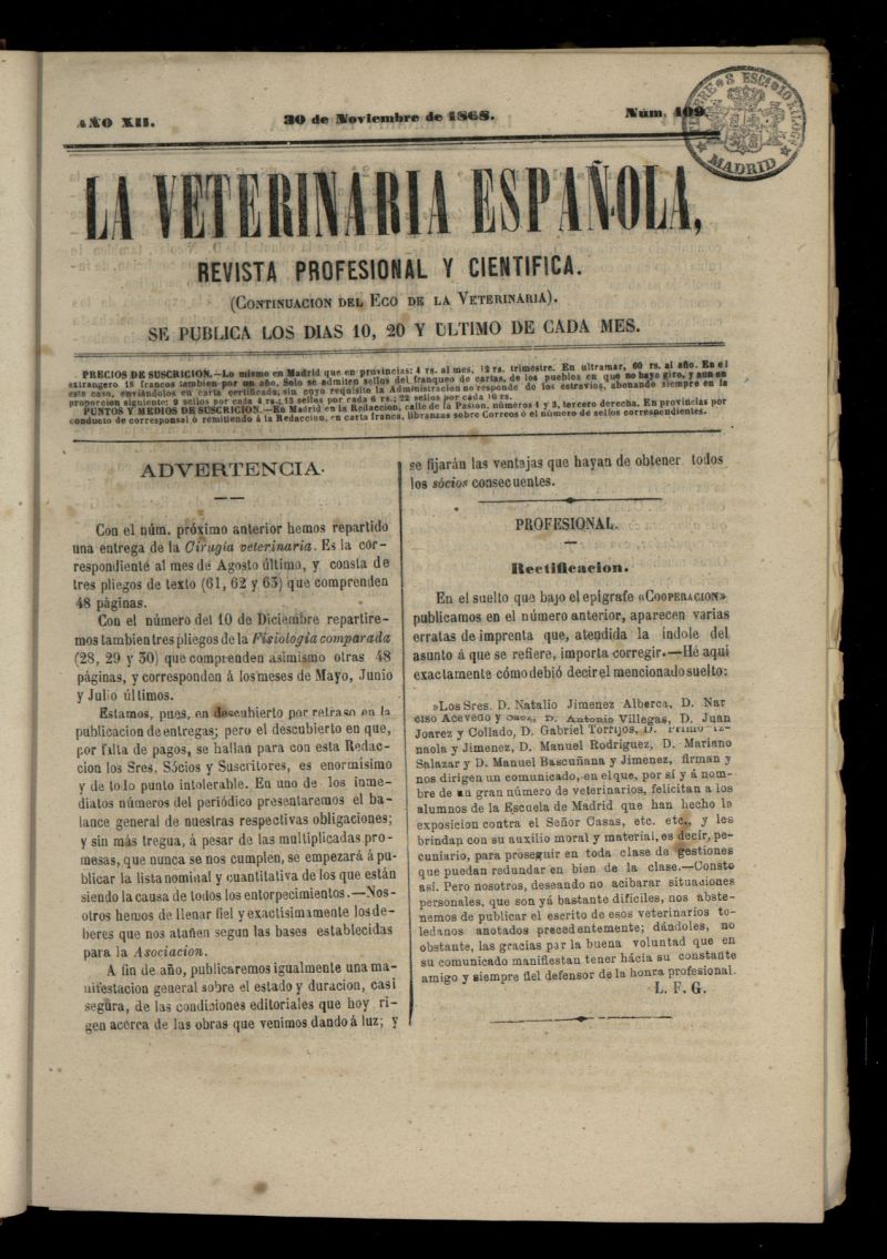 La Veterinaria revista profesional y cientfica del 30 de noviembre de 1868, n 409