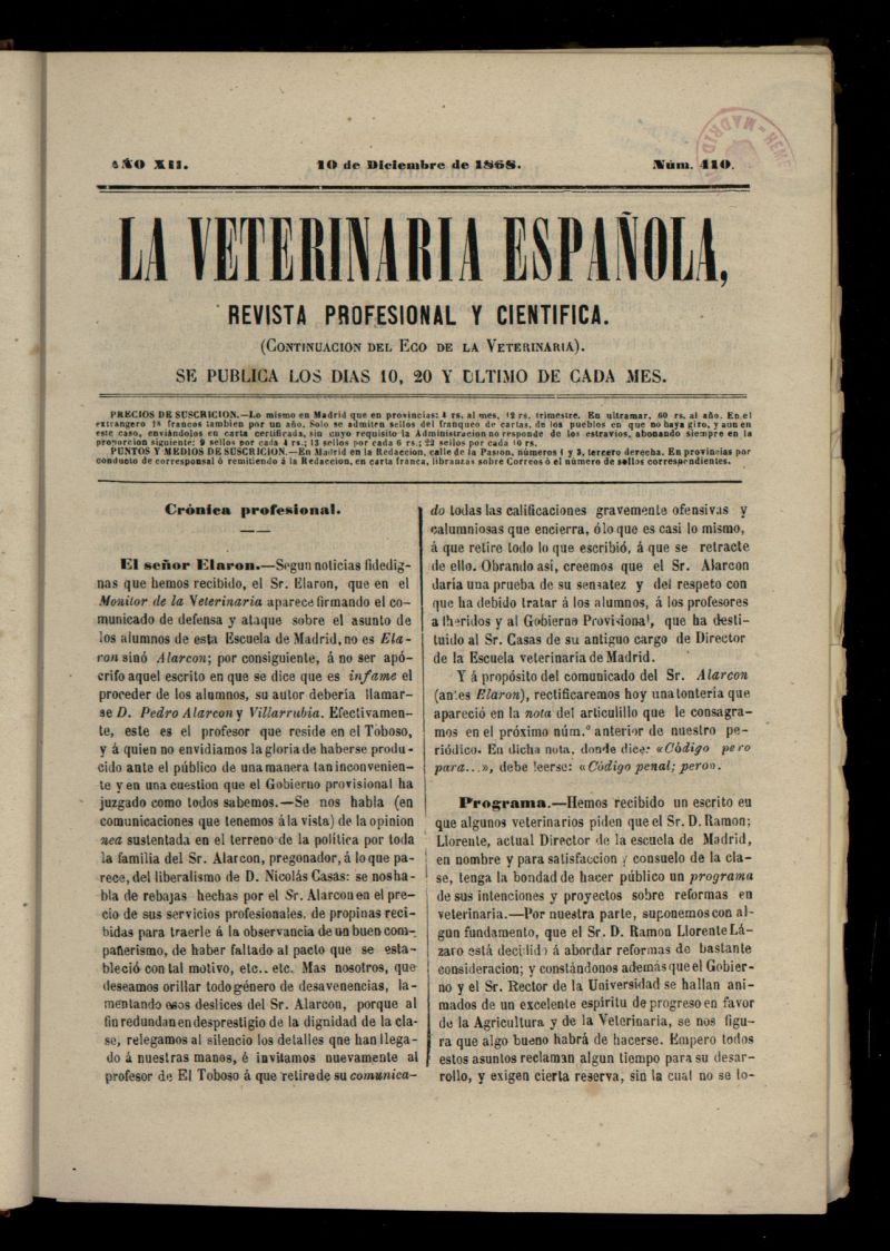 La Veterinaria revista profesional y cientfica del 10 de diciembre de 1868, n 410