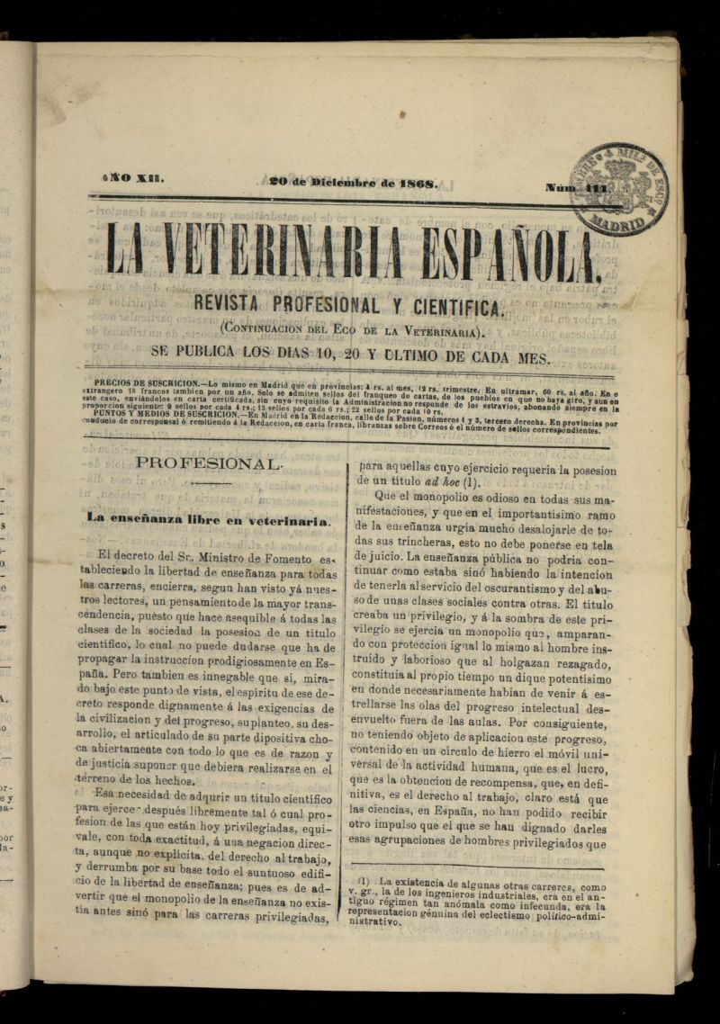 La Veterinaria revista profesional y cientfica del 20 de diciembre de 1868, n 411