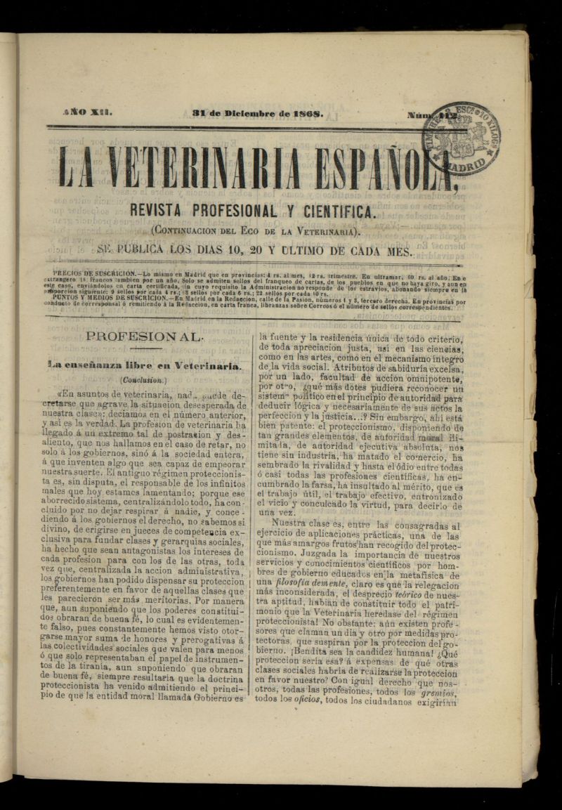 La Veterinaria revista profesional y cientfica del 31 de diciembre de 1868, n 412