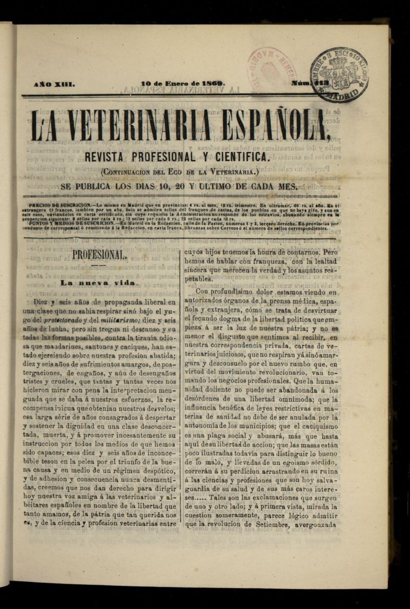 La Veterinaria revista profesional y cientfica del 10 de enero de 1869, n 413