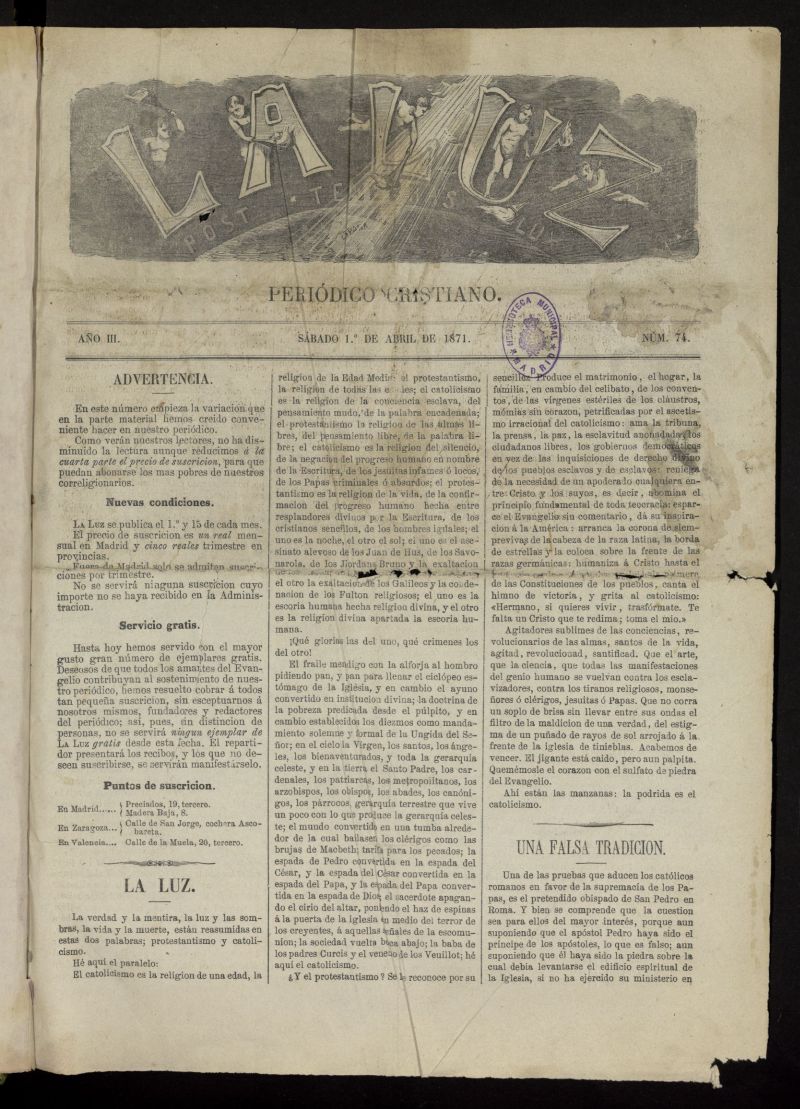 La Luz: post tenebras lux del 1 de abril de 1871, n 74