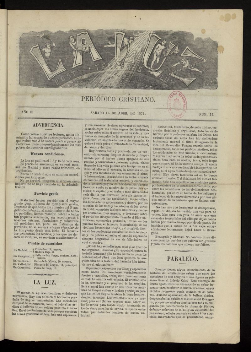 La Luz: post tenebras lux del 15 de abril de 1871, n 75