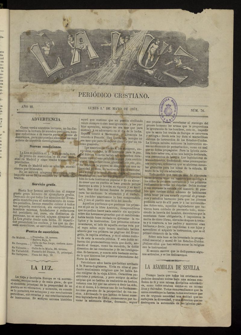 La Luz: post tenebras lux del 1 de mayo de 1871, n 76