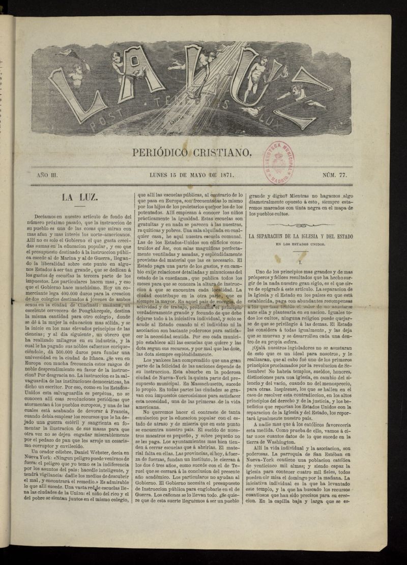 La Luz: post tenebras lux del 15 de mayo de 1871, n 77