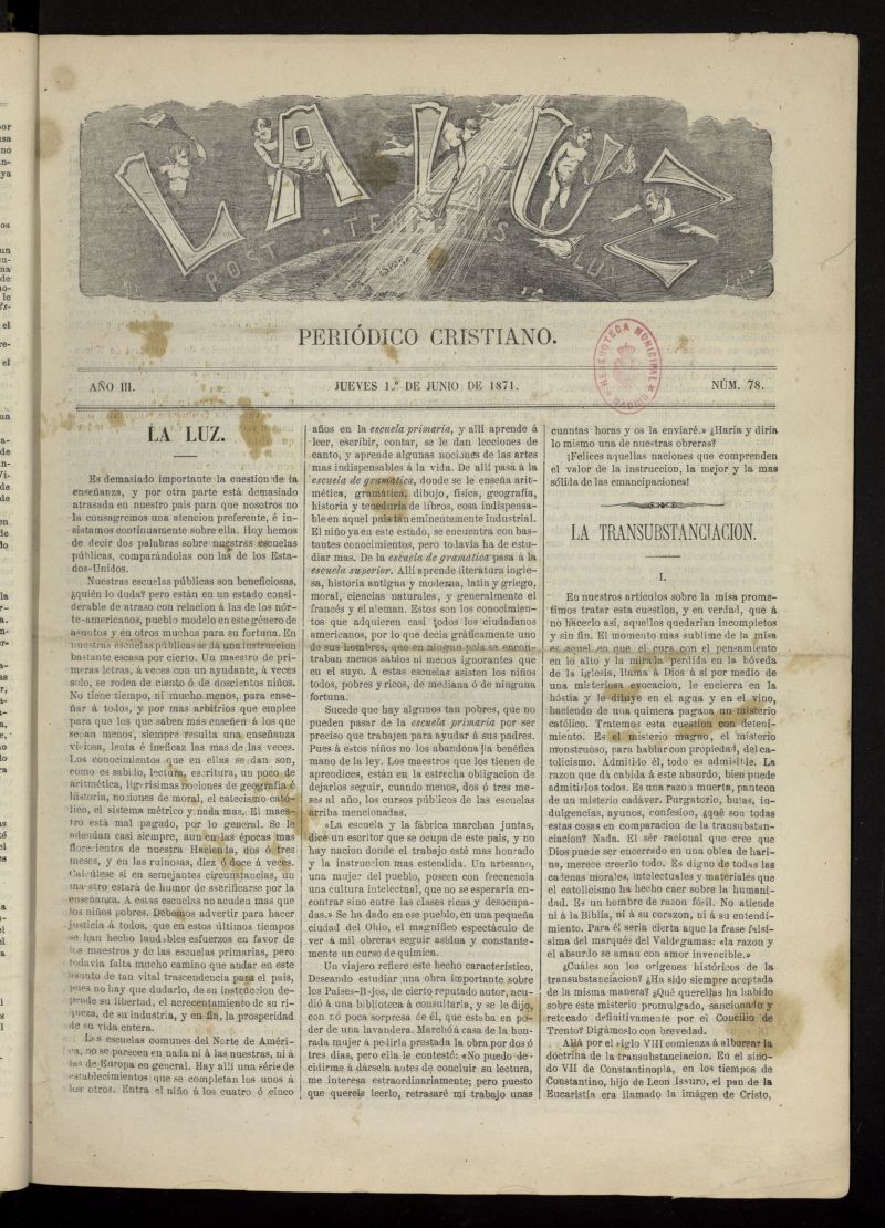 La Luz: post tenebras lux del 1 de junio de 1871, n 78