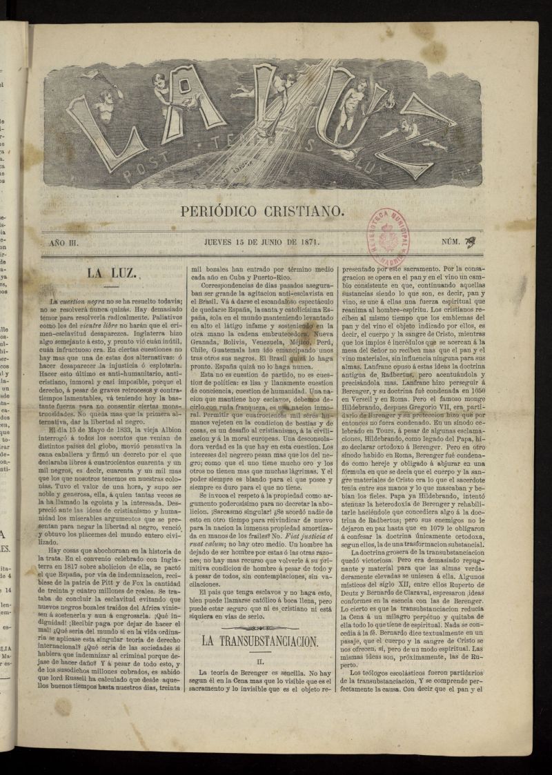 La Luz: post tenebras lux del 15 de junio de 1871, n 79