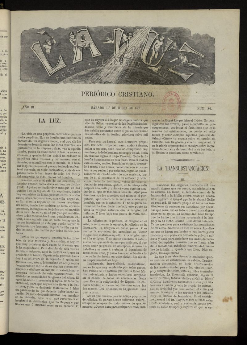 La Luz: post tenebras lux del 1 de julio de 1871, n 80