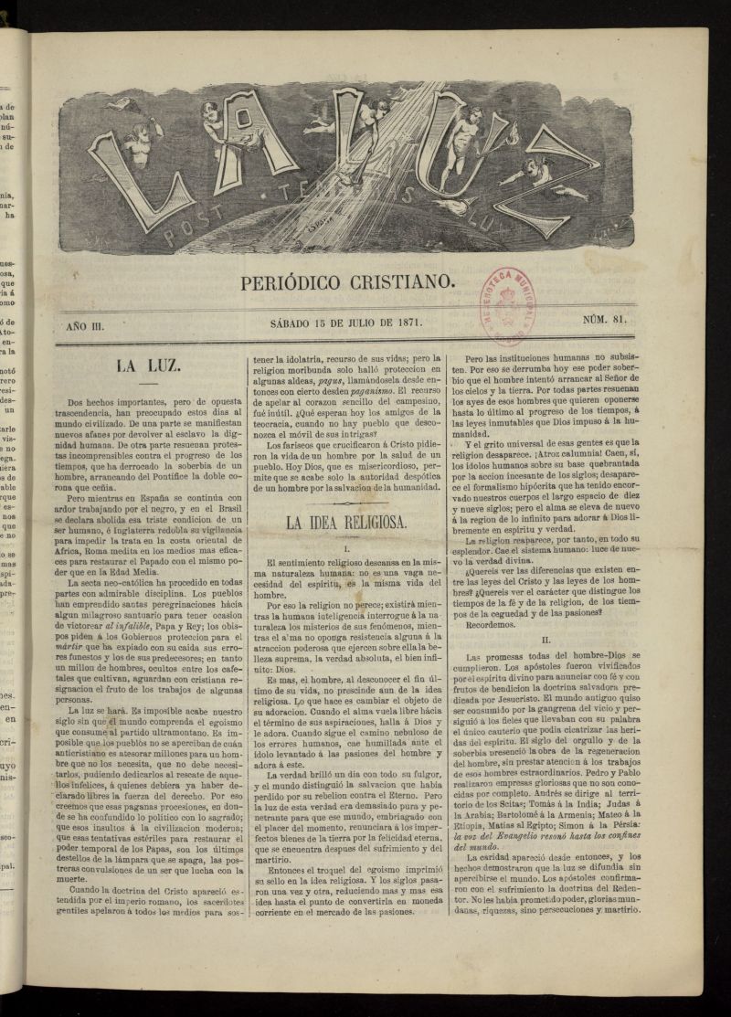 La Luz: post tenebras lux del 15 de julio de 1871, n 81