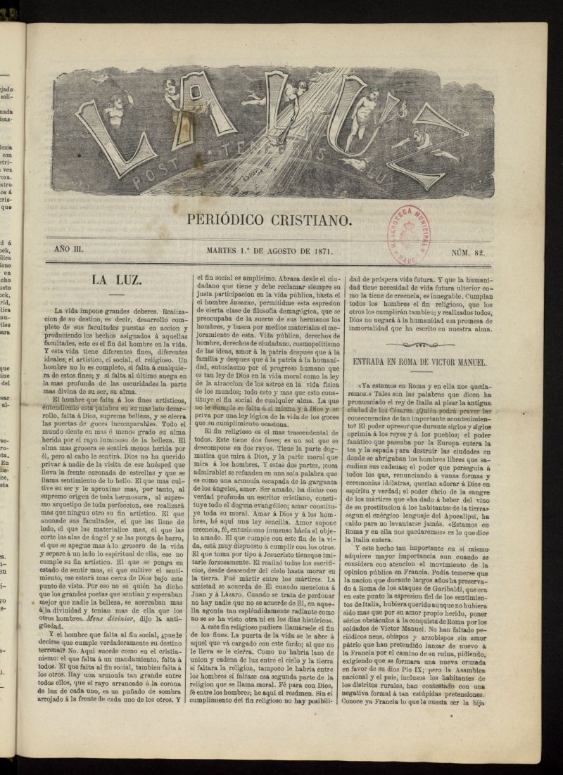 La Luz: post tenebras lux del 1 de agosto de 1871, n 82