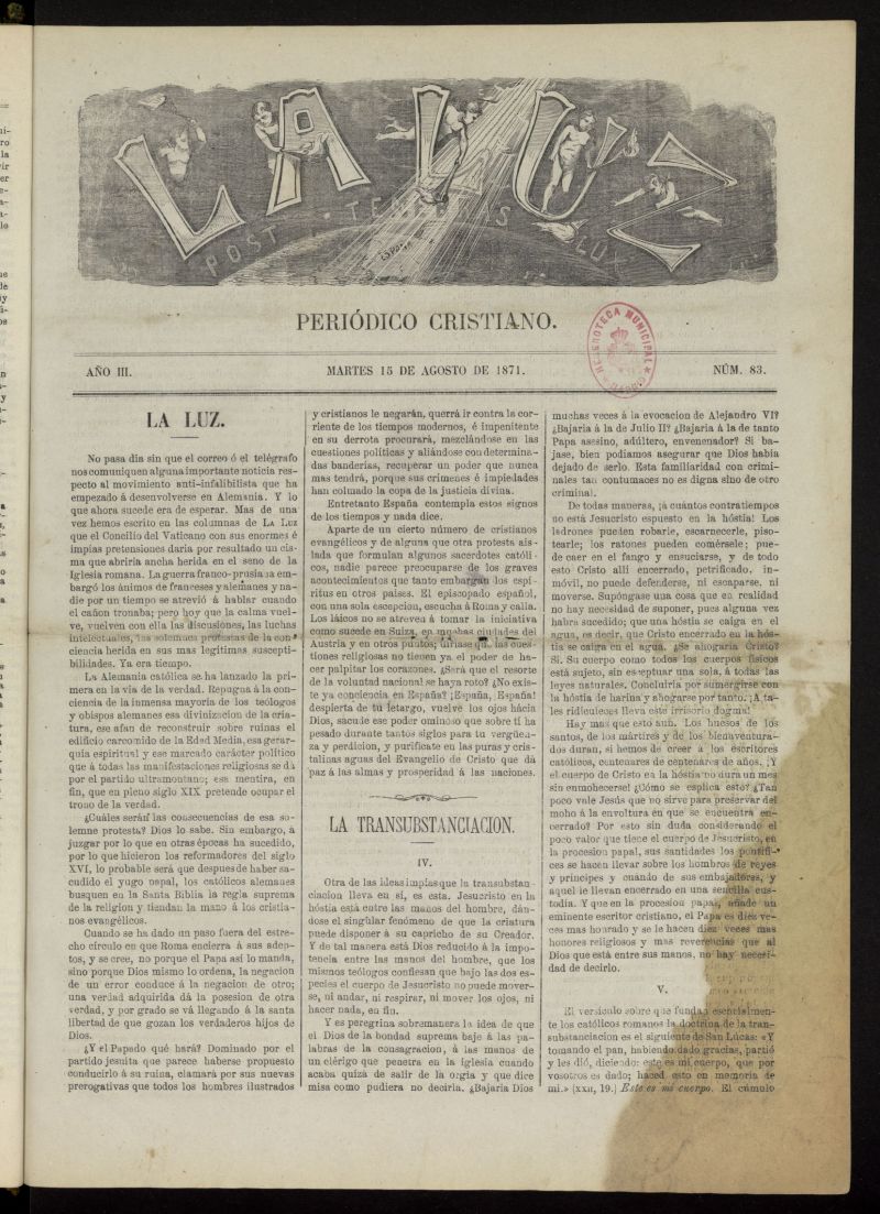 La Luz: post tenebras lux del 15 de agosto de 1871, n 83