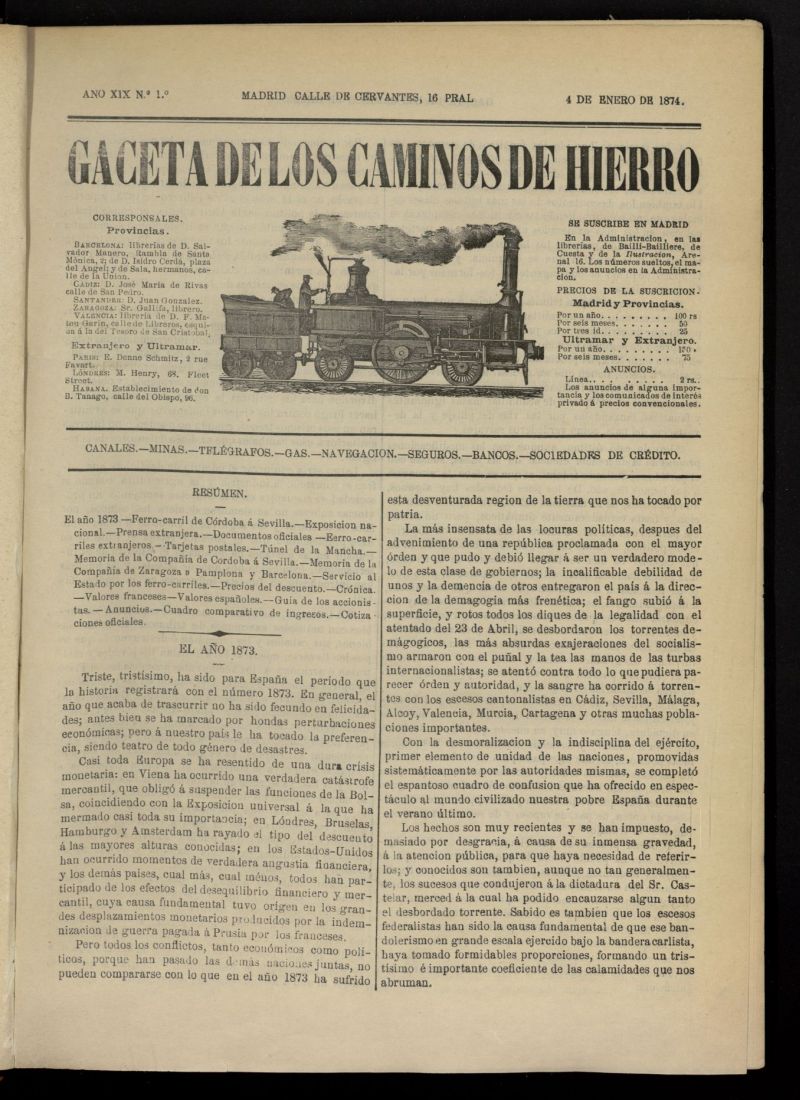 Gaceta de los Caminos de Hierro del 4 de enero de 1874, n 1