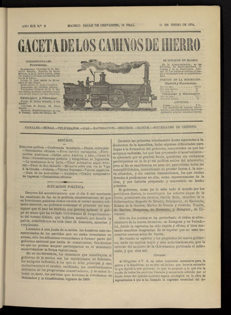 Gaceta de los Caminos de Hierro del 11 de enero de 1874, n 2