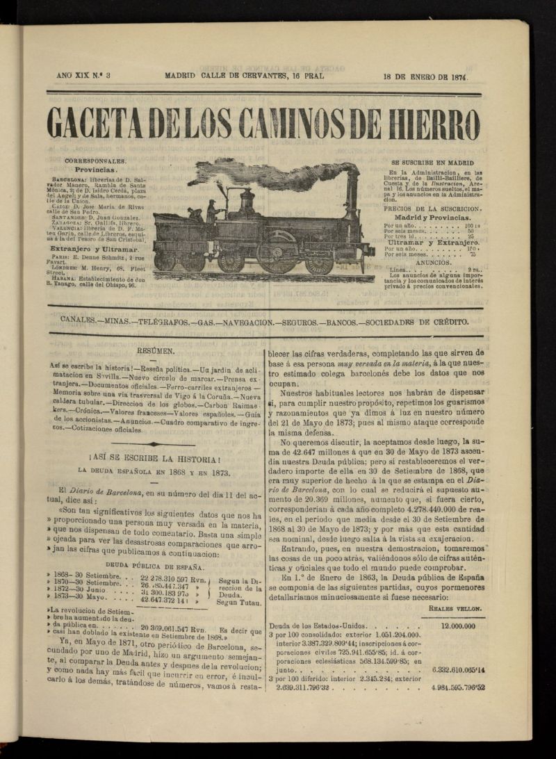 Gaceta de los Caminos de Hierro del 18 de enero de 1874, n 3