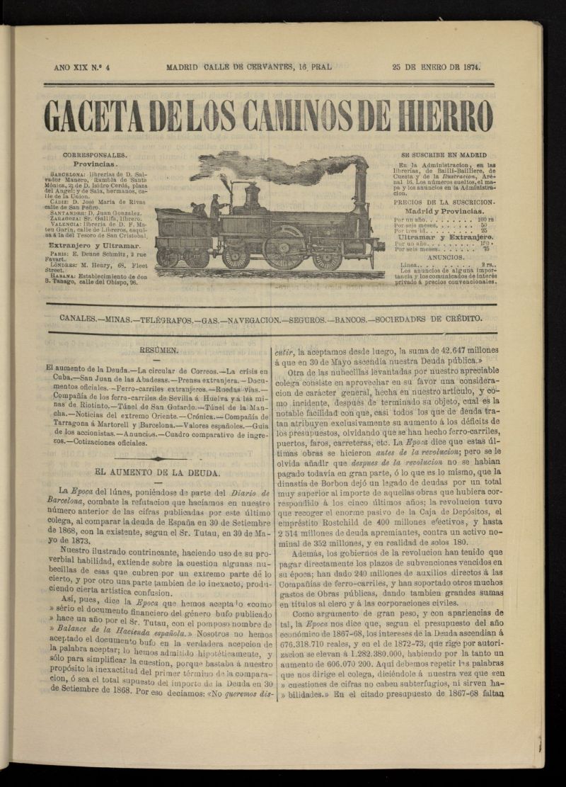 Gaceta de los Caminos de Hierro del 25 de enero de 1874, n 4