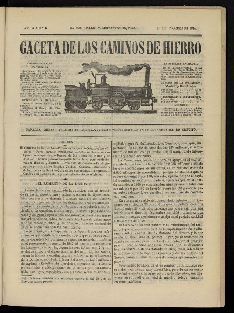 Gaceta de los Caminos de Hierro del 1 de febrero de 1874, n 5
