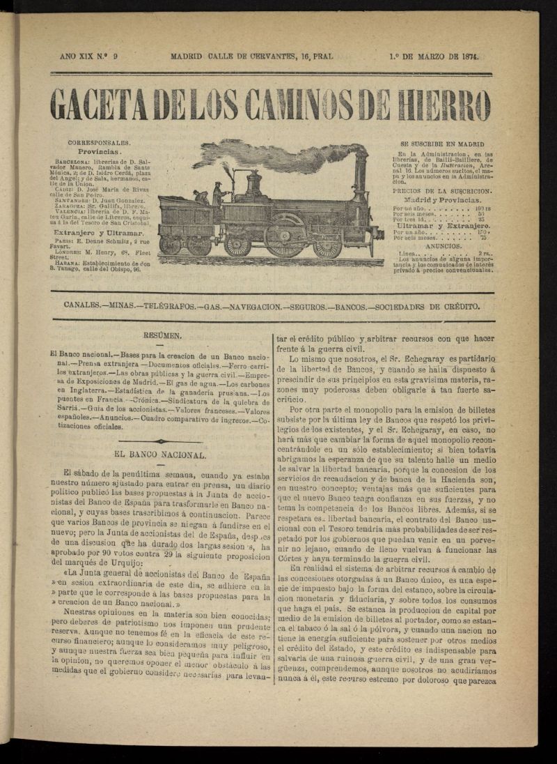 Gaceta de los Caminos de Hierro del 1 de marzo de 1874, n 9