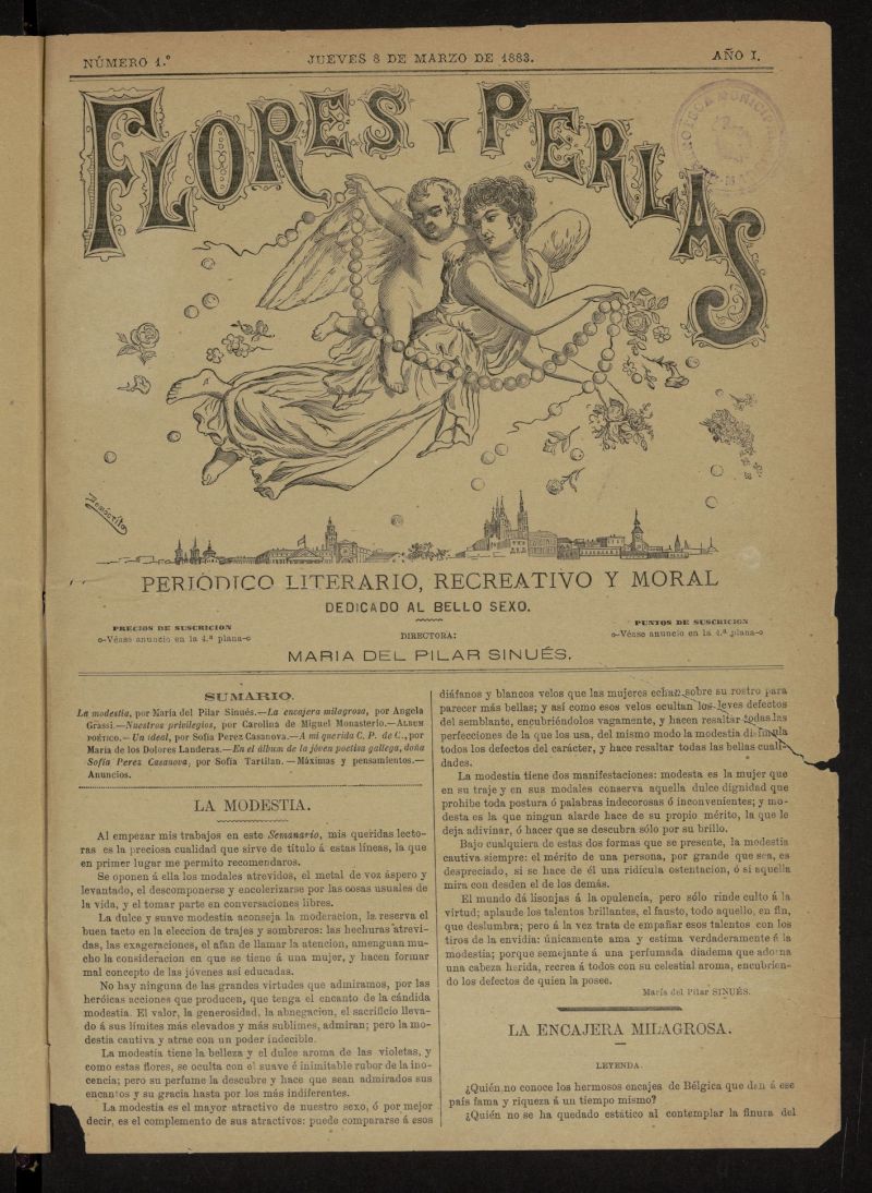 Flores y Perlas: peridico literario, recreativo y moral, dedicado al bello sexo del 8 de marzo de 1883, n 1