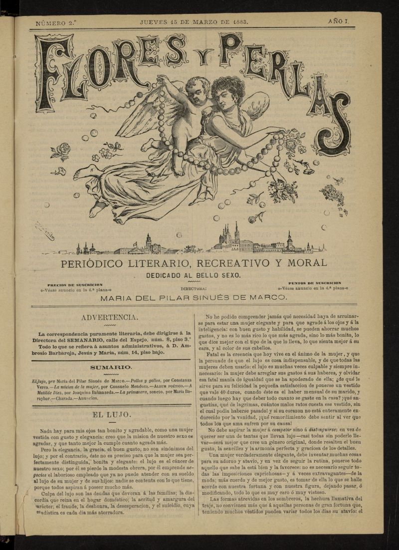 Flores y Perlas: peridico literario, recreativo y moral, dedicado al bello sexo del 15 de marzo de 1883, n 2