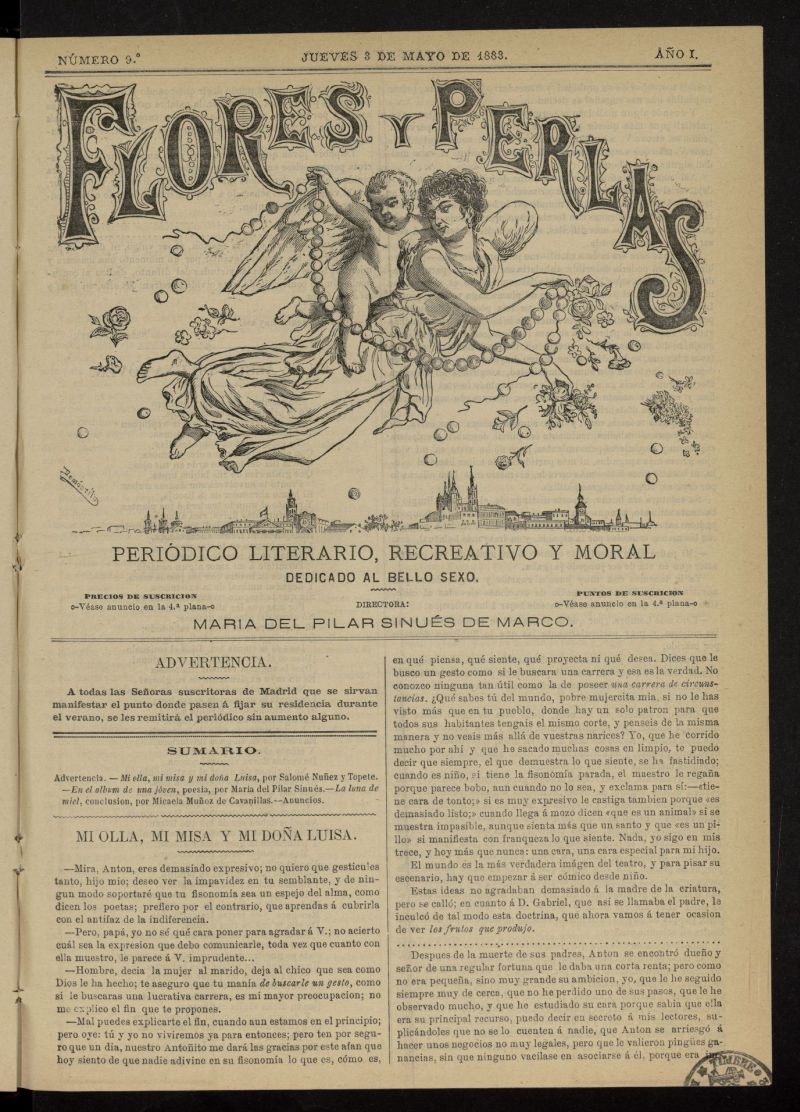 Flores y Perlas: peridico literario, recreativo y moral, dedicado al bello sexo del 3 de mayo de 1883, n 9